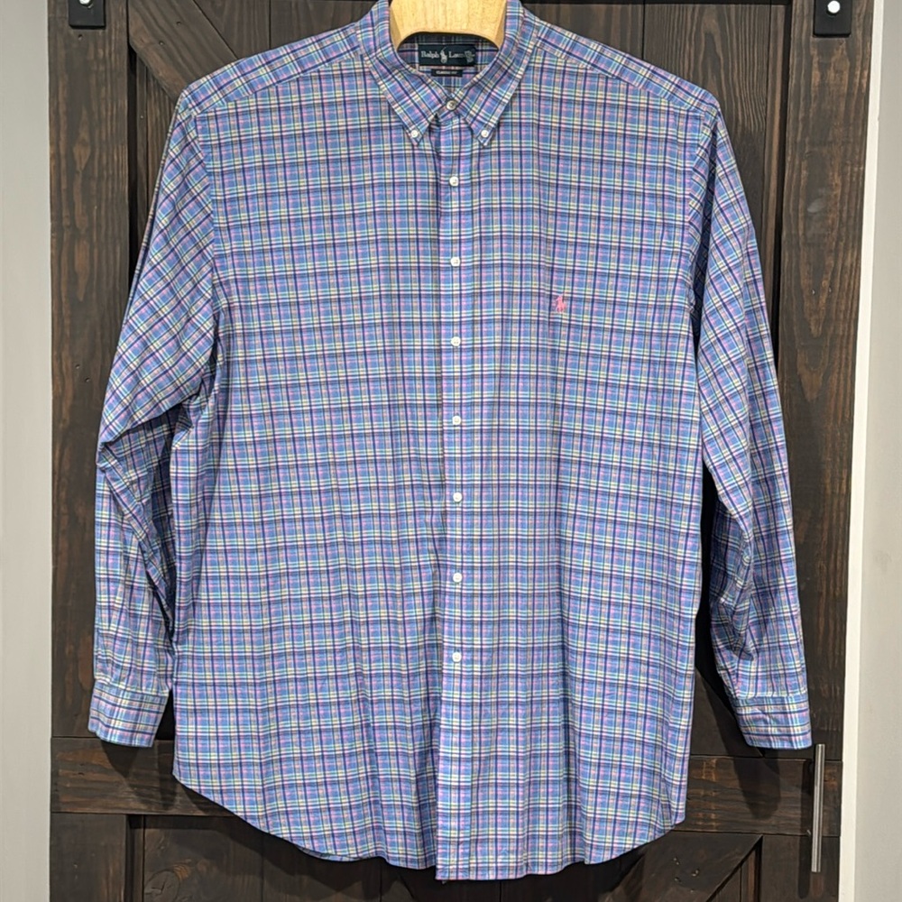 Ralph Lauren‎ Men's Classic Fit Checkered Blue Long Sleeve Button Up Shirt 3XLT